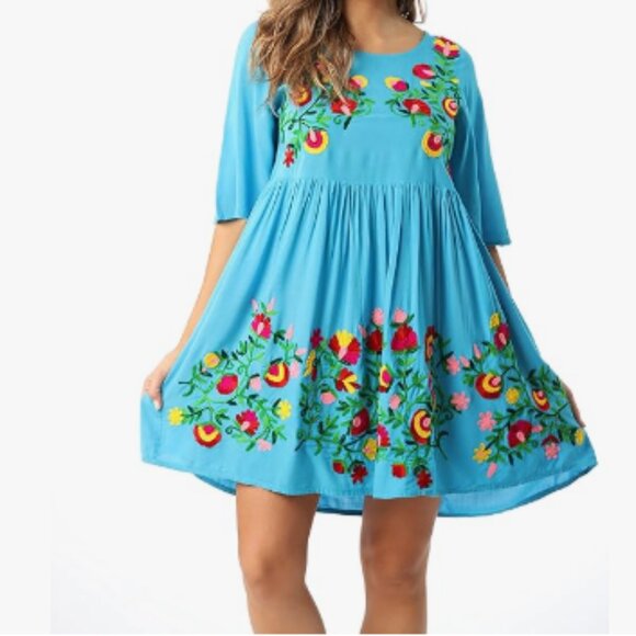 Riviera Sun Dress Women's Medium‎ Turquoise Multicolored Embroidery Short - Picture 3 of 11